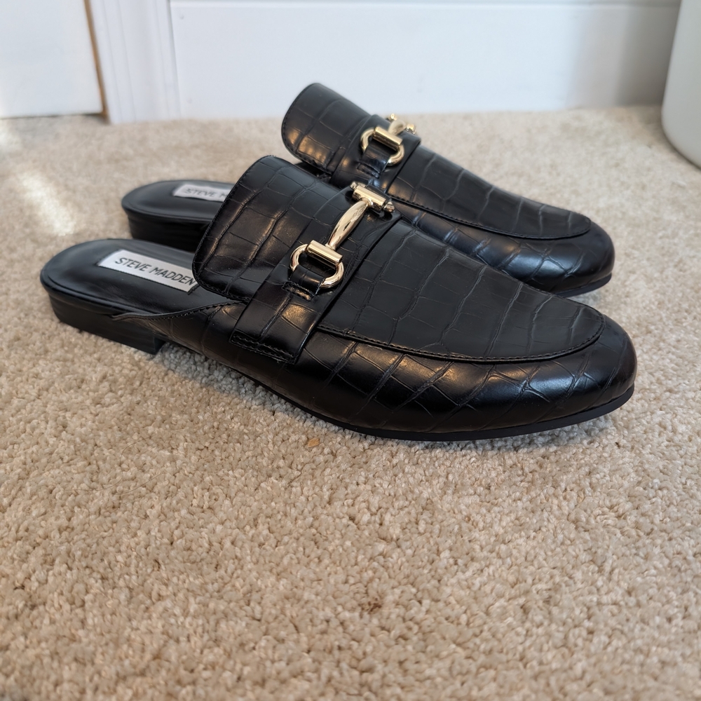 Steve Madden Black Croc Loafers with Gold Buckle